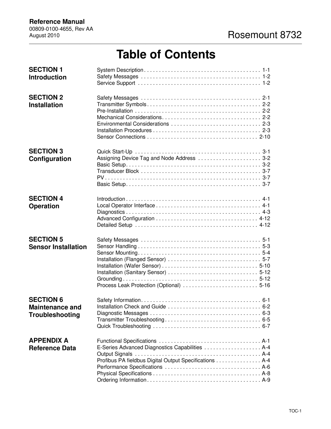 Emerson Rosemount 8732 manual Table of Contents 