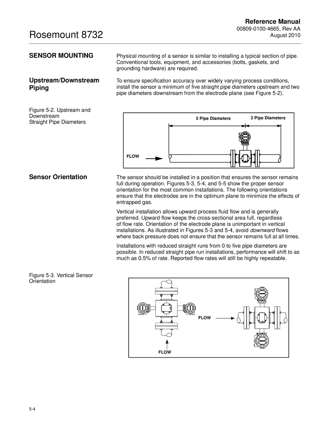 Emerson Rosemount 8732 manual Upstream/Downstream Piping, Sensor Orientation, Pipe Diameters 