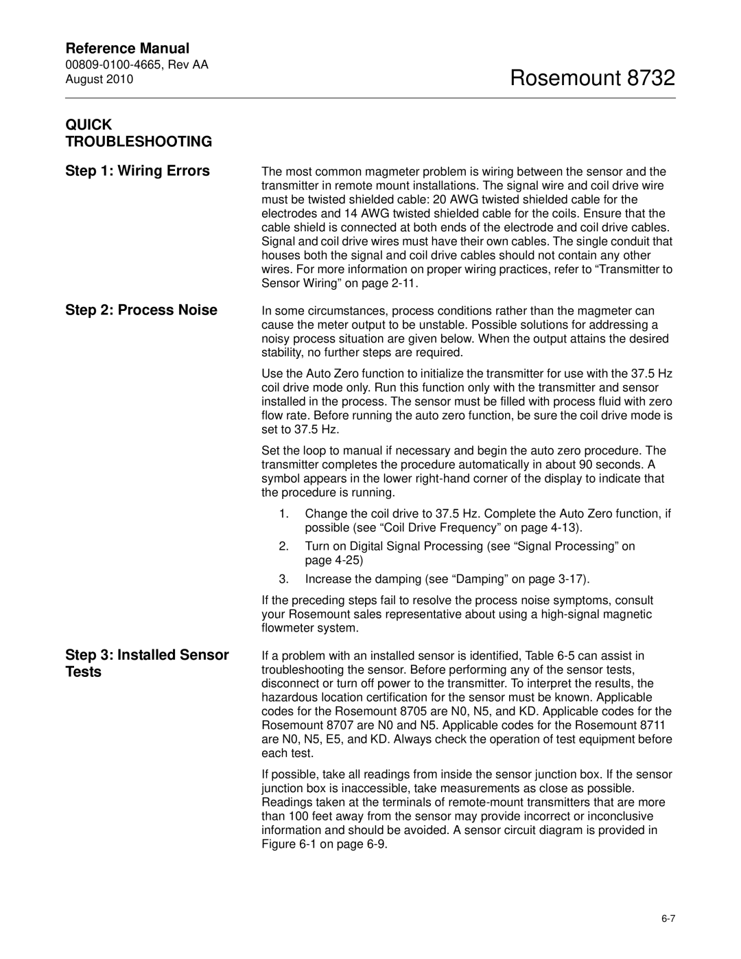 Emerson Rosemount 8732 manual Quick Troubleshooting, Wiring Errors Process Noise Installed Sensor Tests 