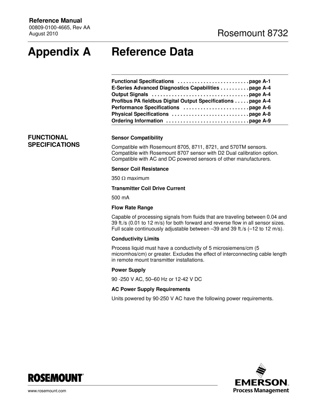 Emerson Rosemount 8732 manual Appendix a Reference Data, Functional Specifications 