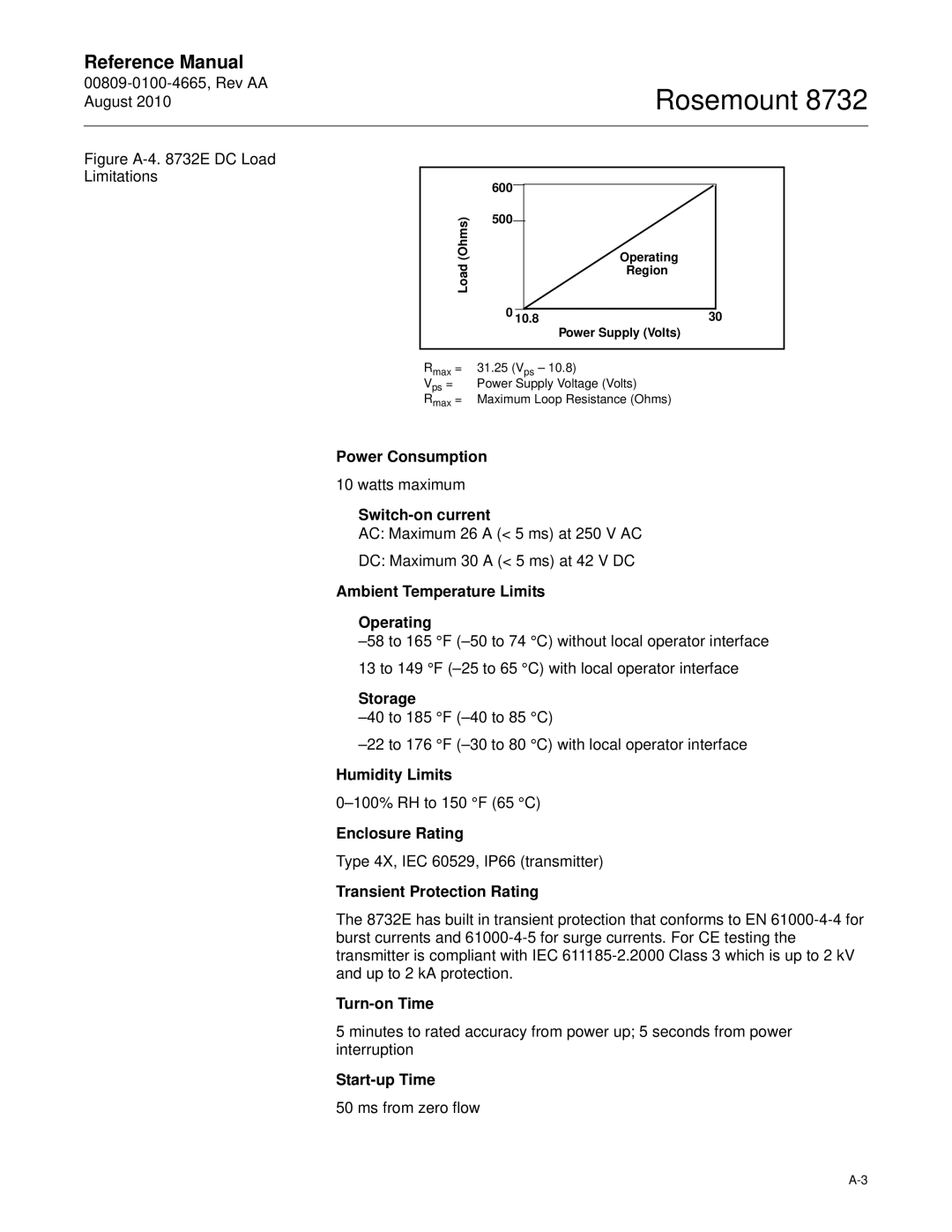 Emerson Rosemount 8732 Power Consumption, Switch-on current, Ambient Temperature Limits Operating, Storage, Turn-on Time 