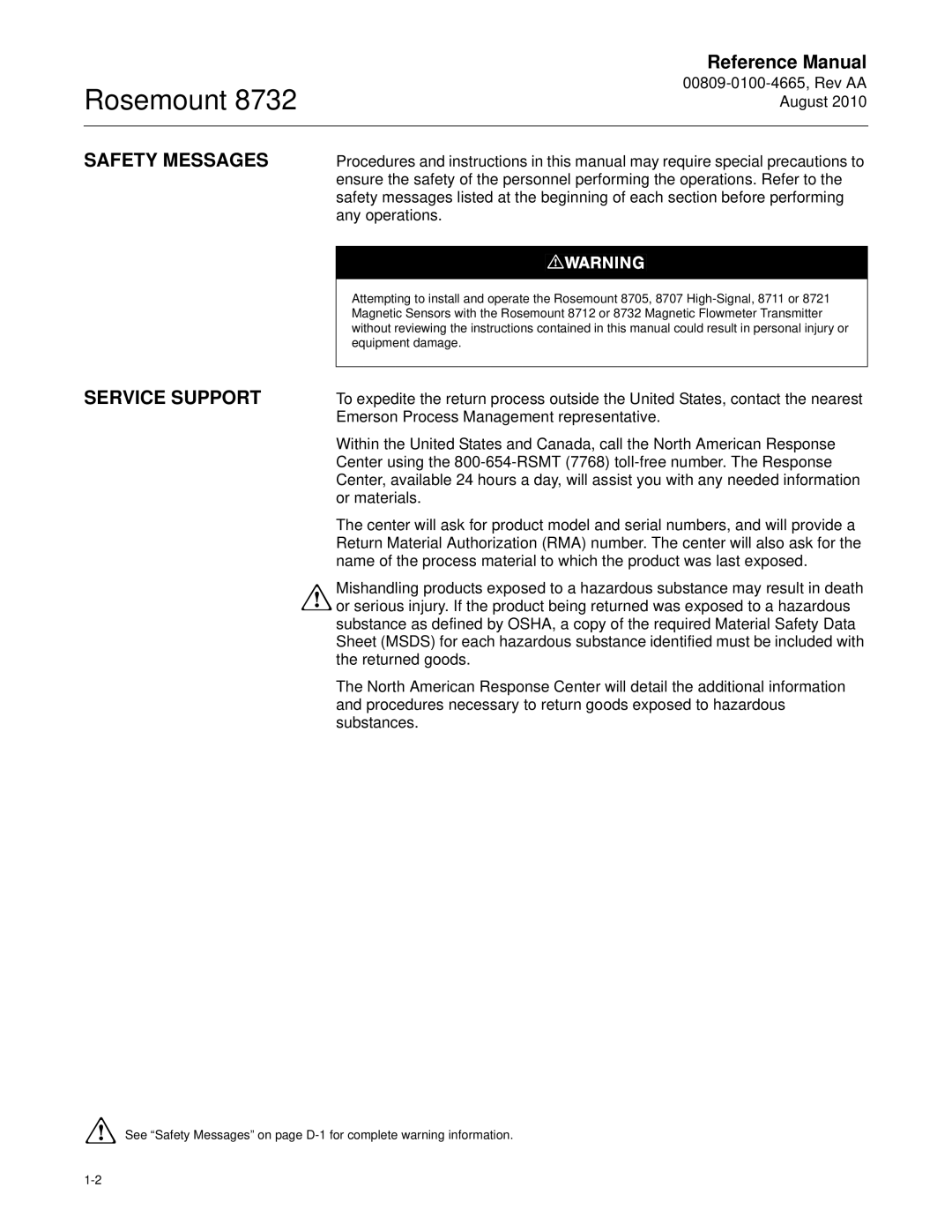 Emerson Rosemount 8732 manual Safety Messages, Service Support 