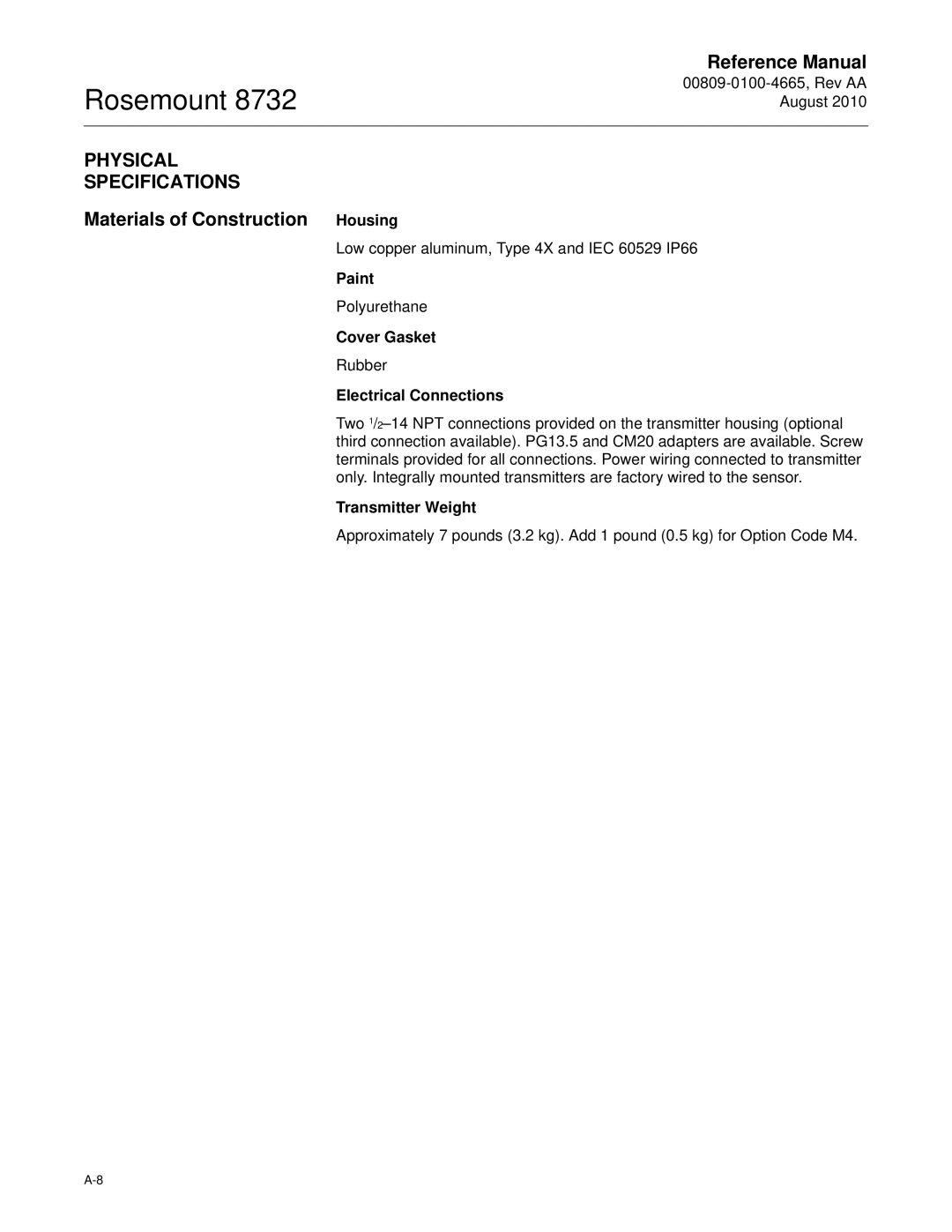 Emerson Rosemount 8732 manual Physical Specifications, Materials of Construction 