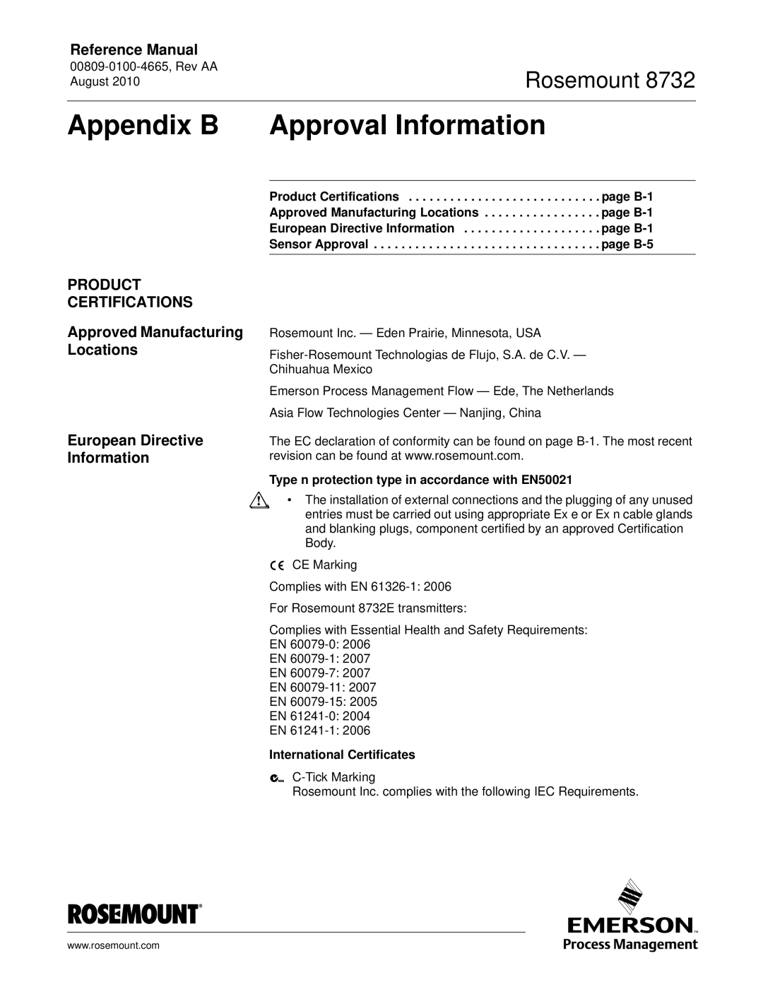 Emerson Rosemount 8732 manual Appendix B Approval Information, Product Certifications, European Directive Information 