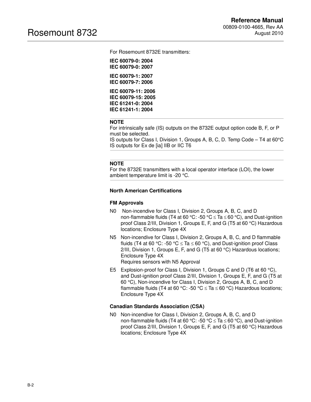 Emerson Rosemount 8732 manual North American Certifications FM Approvals, Canadian Standards Association CSA 