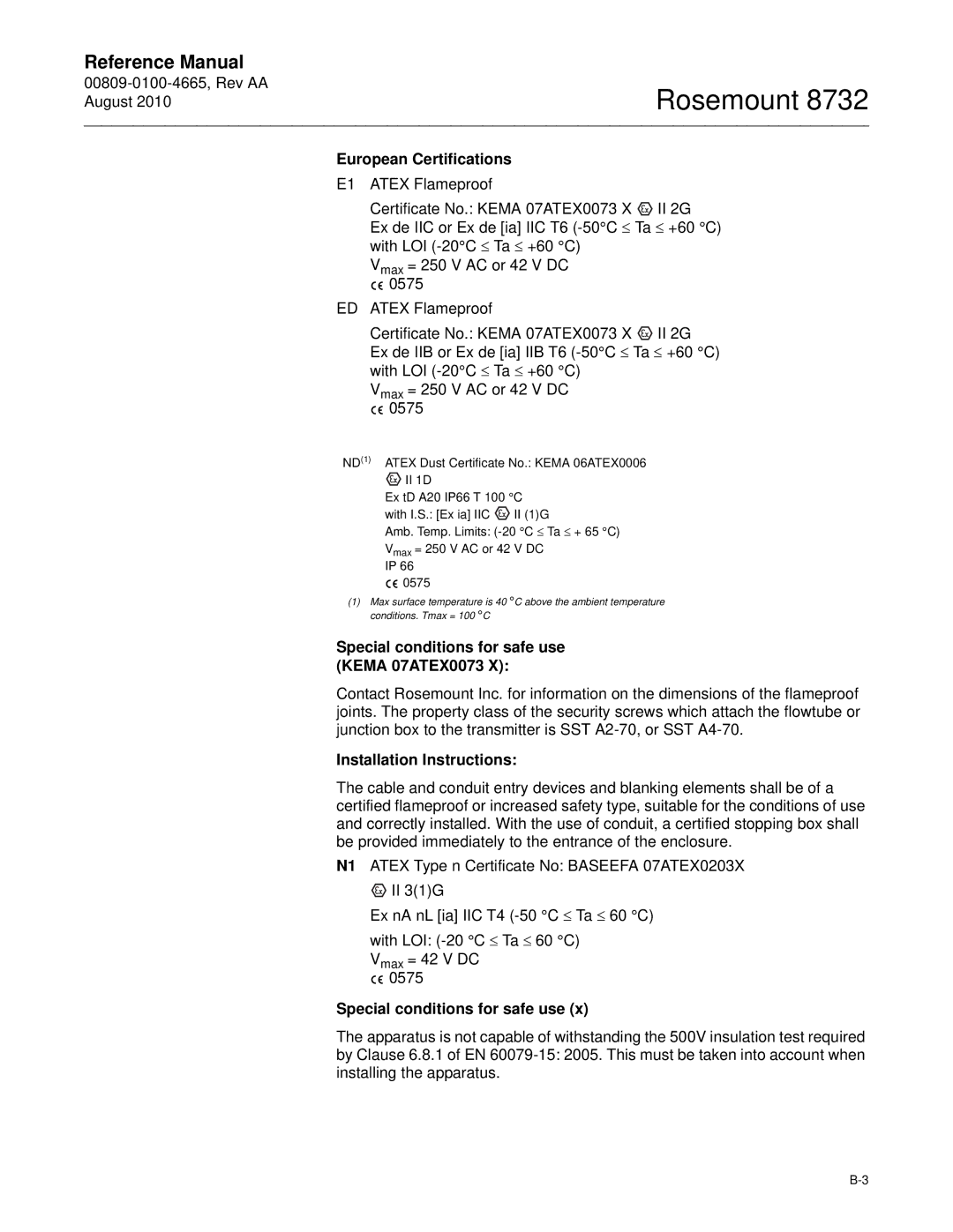 Emerson Rosemount 8732 European Certifications, Special conditions for safe use Kema 07ATEX0073, Installation Instructions 