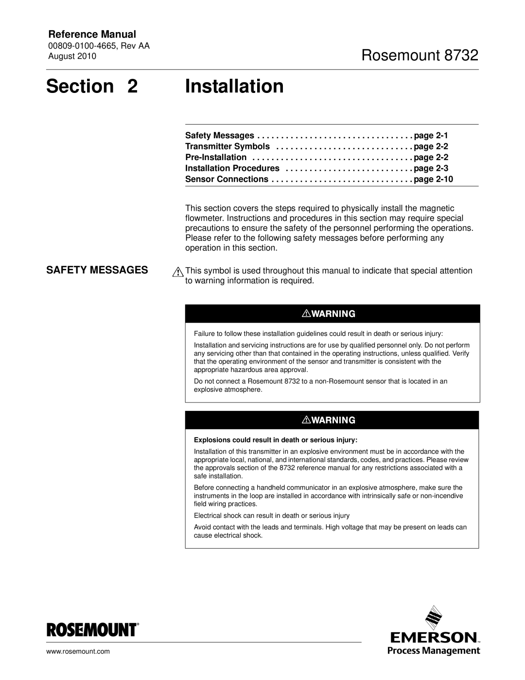 Emerson Rosemount 8732 manual Section Installation, Explosions could result in death or serious injury 