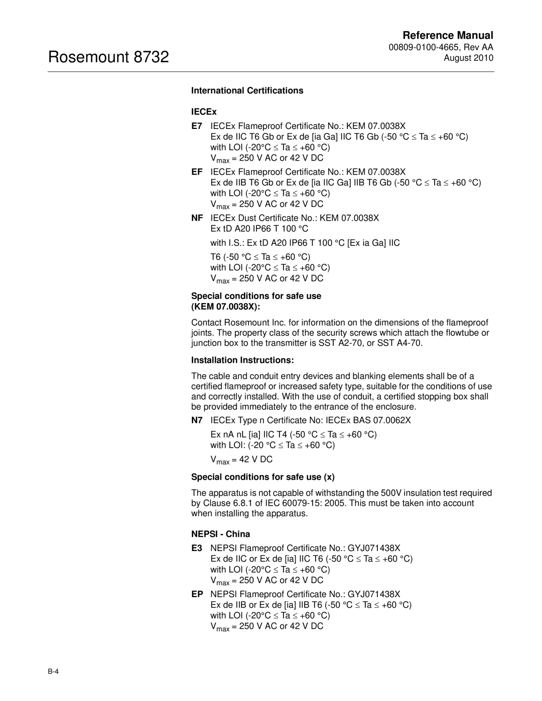 Emerson Rosemount 8732 manual International Certifications IECEx, Special conditions for safe use KEM, Nepsi China 