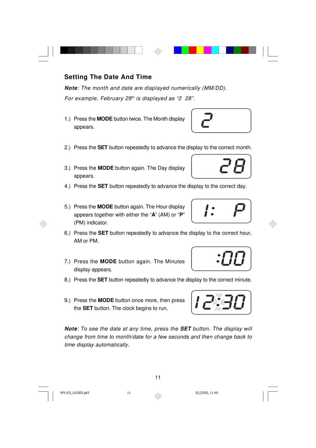 Emerson RP1103 owner manual Setting The Date And Time, For example, February 28th is displayed as 2 