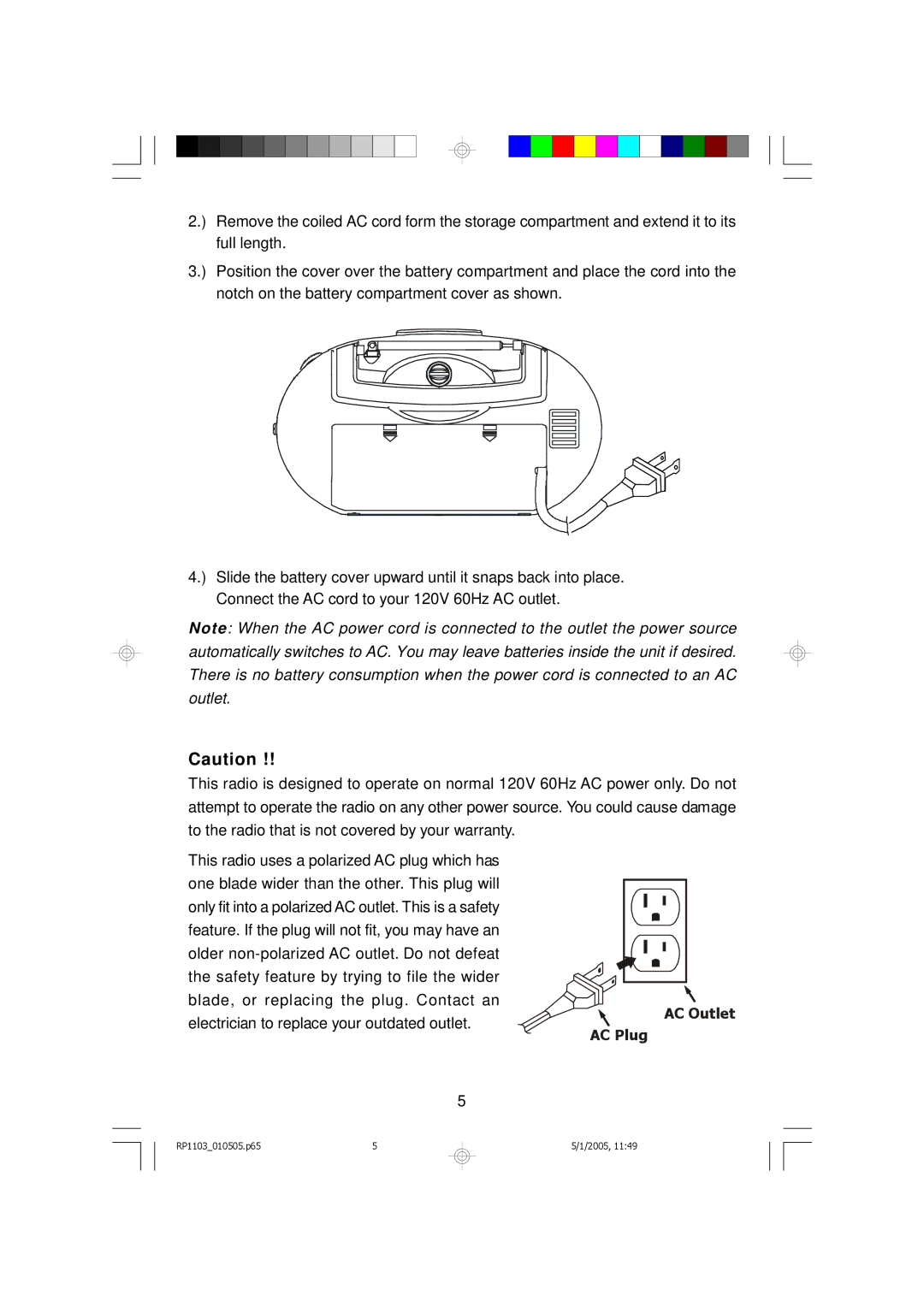 Emerson RP1103 owner manual AC Outlet AC Plug 