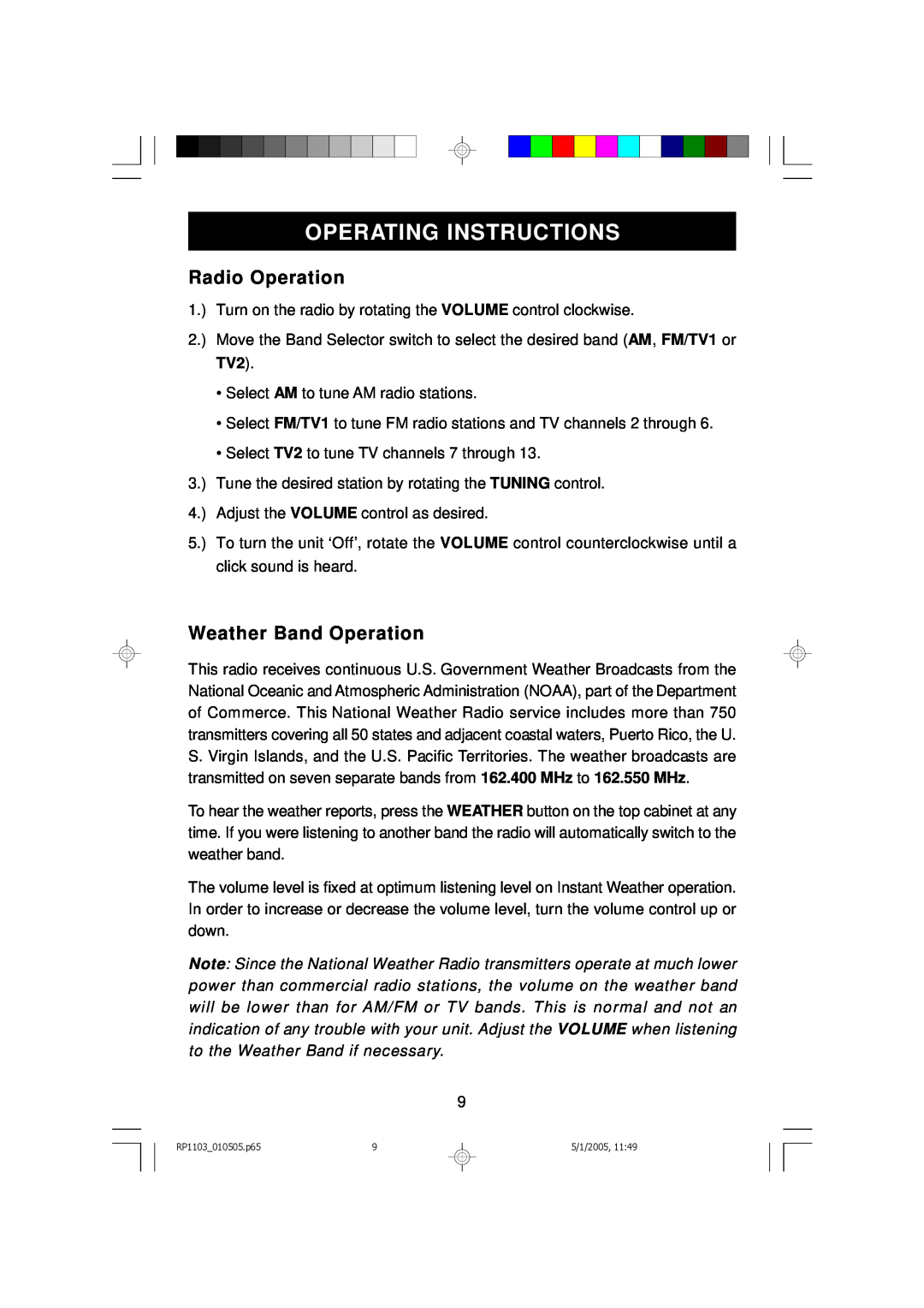 Emerson RP1103 owner manual Operating Instructions, Radio Operation, Weather Band Operation 