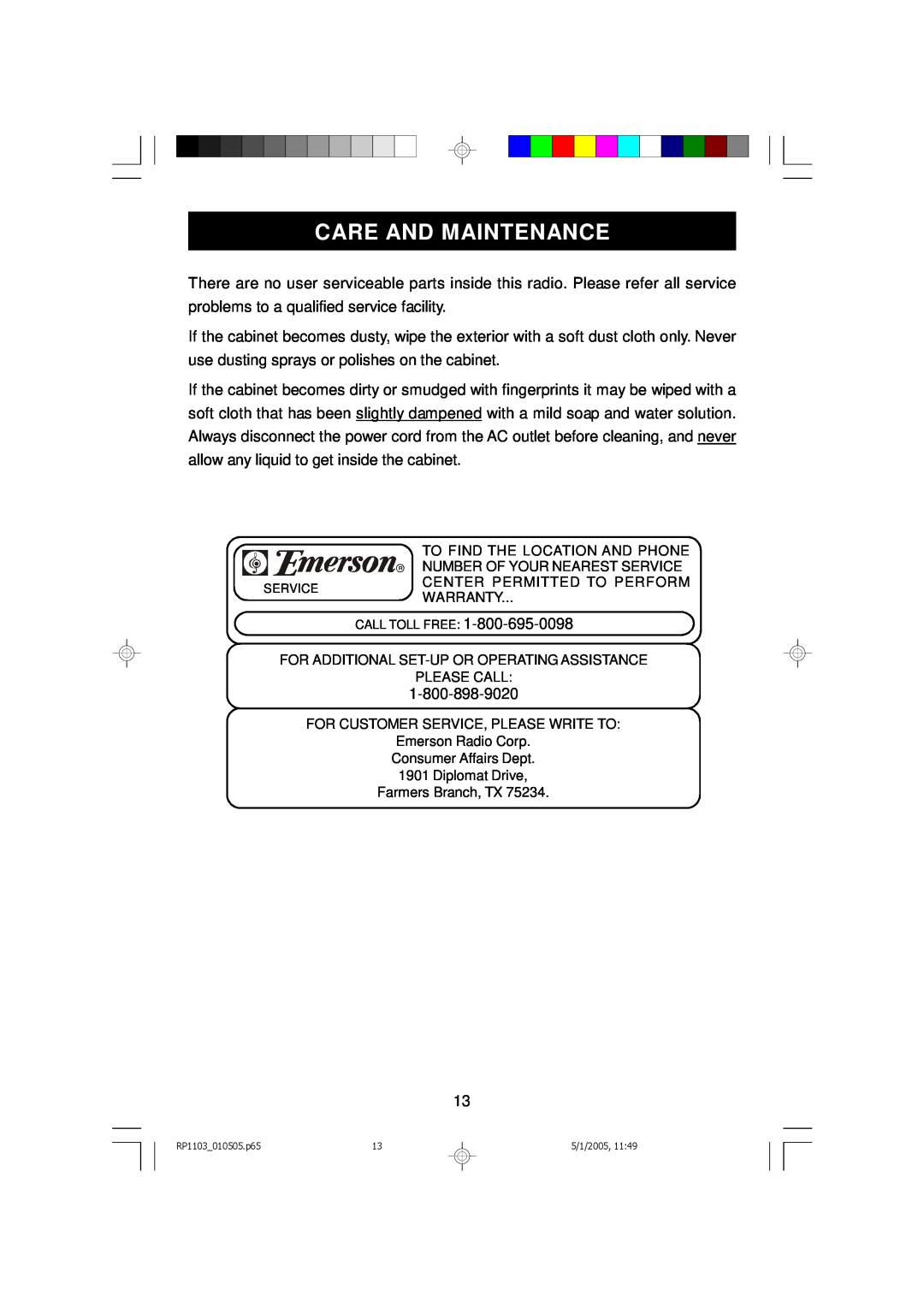Emerson RP1103 owner manual Care And Maintenance 