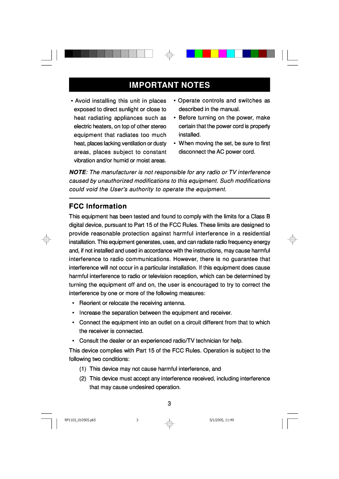 Emerson RP1103 owner manual Important Notes, FCC Information 
