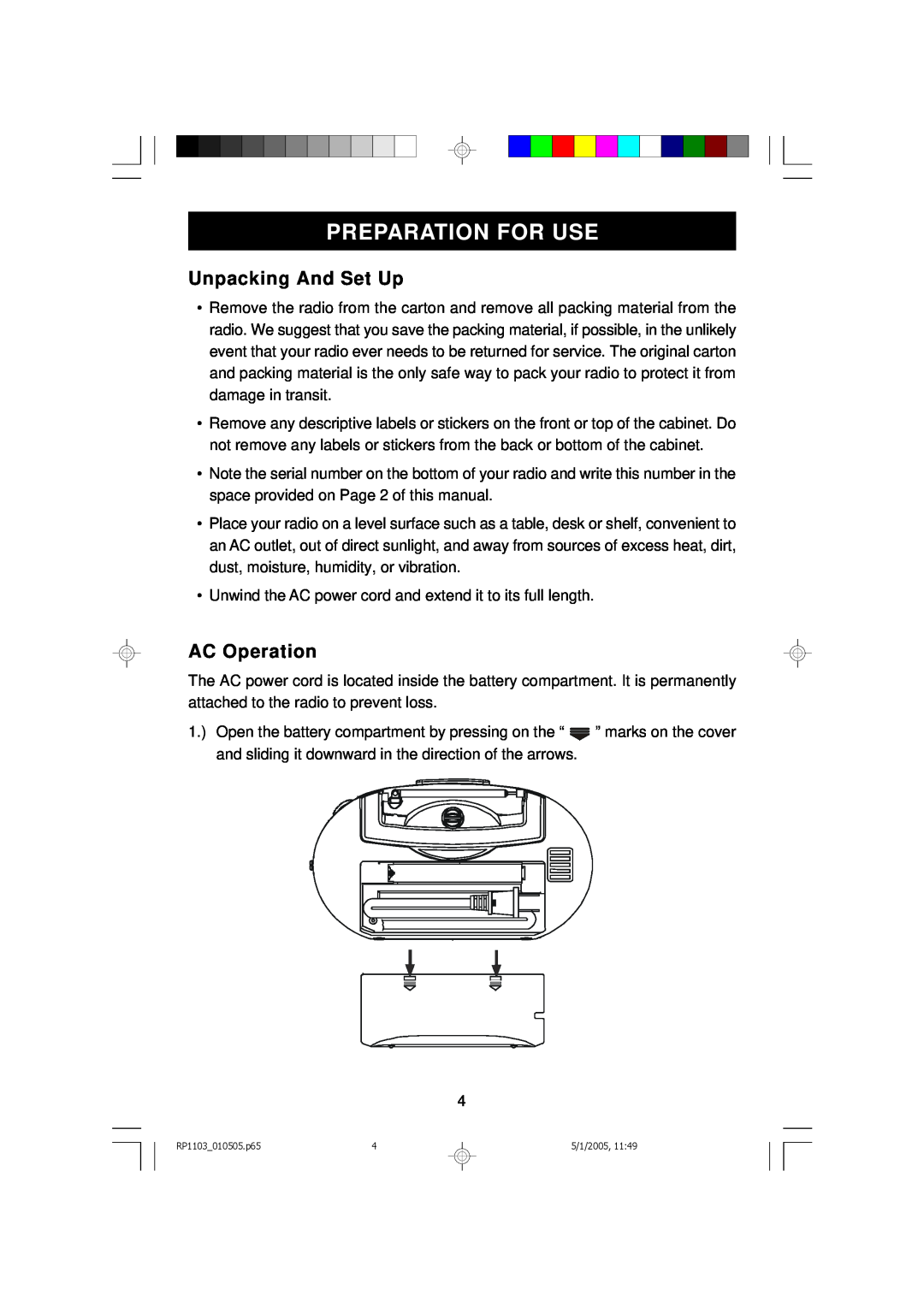 Emerson RP1103 owner manual Preparation For Use, Unpacking And Set Up, AC Operation 