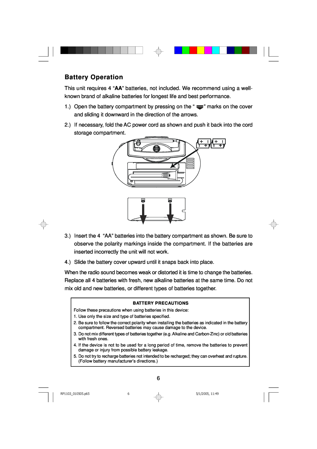 Emerson RP1103 owner manual Battery Operation 