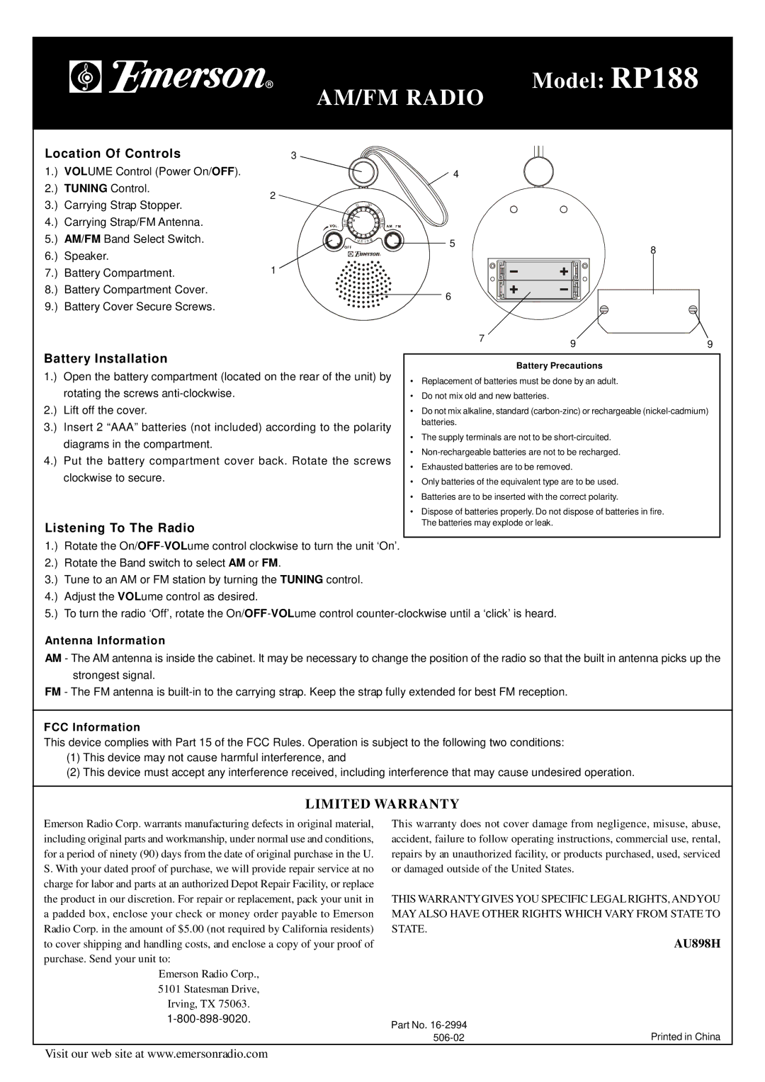 Emerson RP188 warranty AM/FM Radio, Limited Warranty, Location Of Controls, Battery Installation, Listening To The Radio 