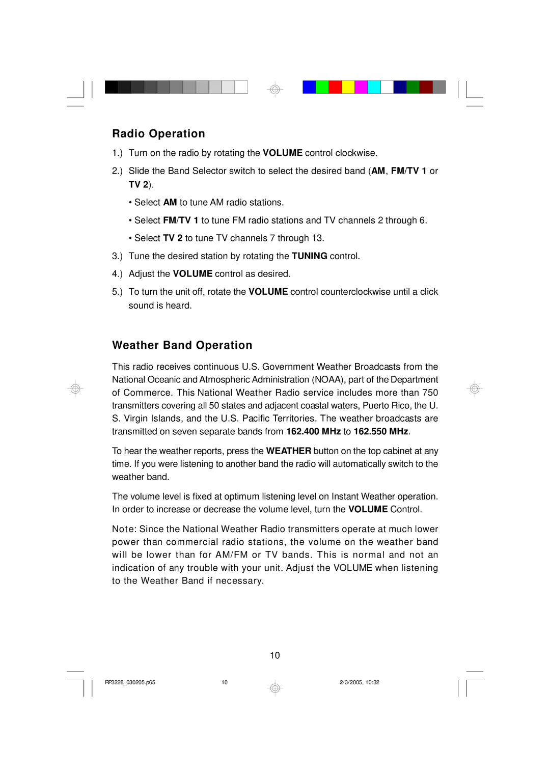 Emerson RP3228SL owner manual Radio Operation, Weather Band Operation 