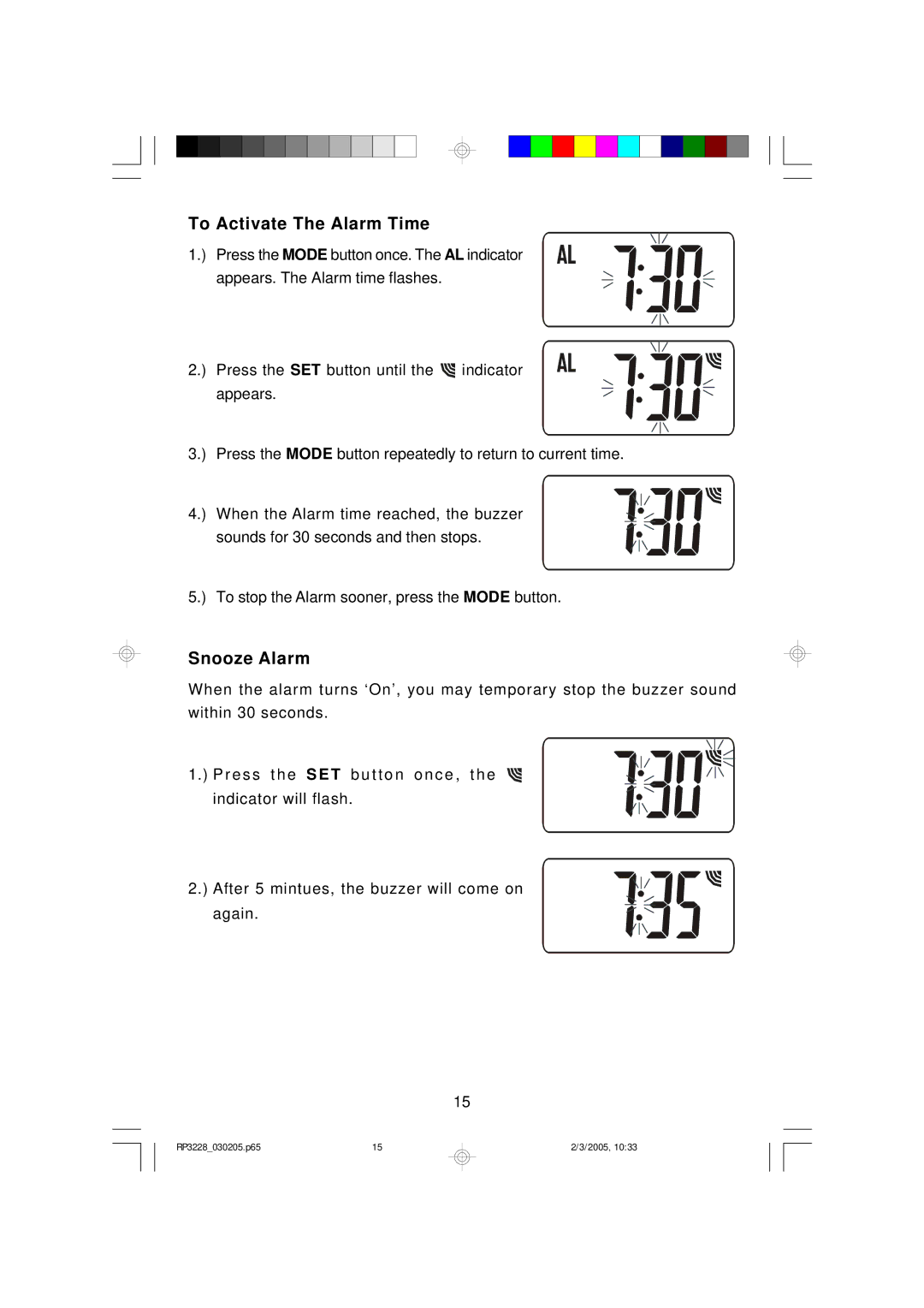 Emerson RP3228SL owner manual To Activate The Alarm Time, Snooze Alarm 