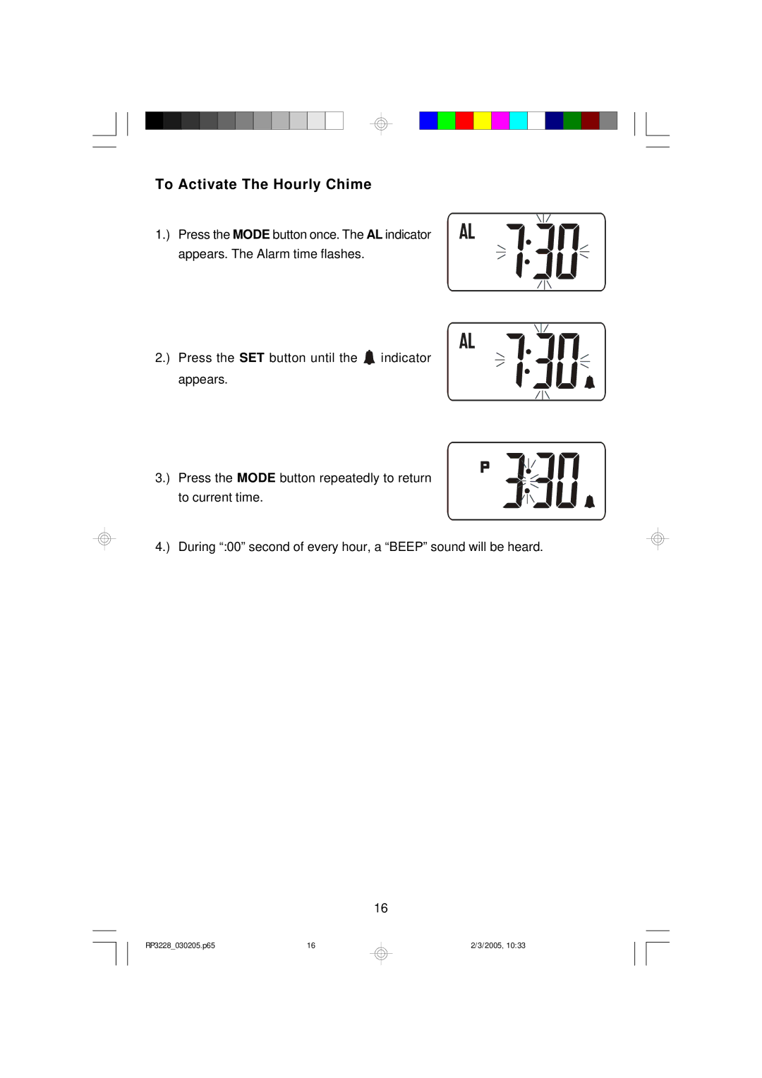 Emerson RP3228SL owner manual To Activate The Hourly Chime 