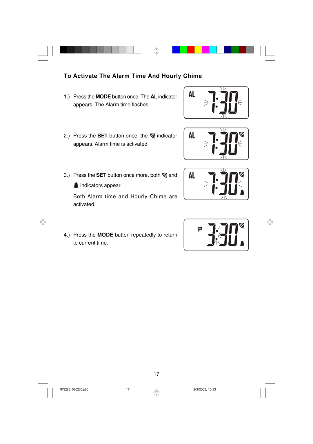 Emerson RP3228SL owner manual To Activate The Alarm Time And Hourly Chime 