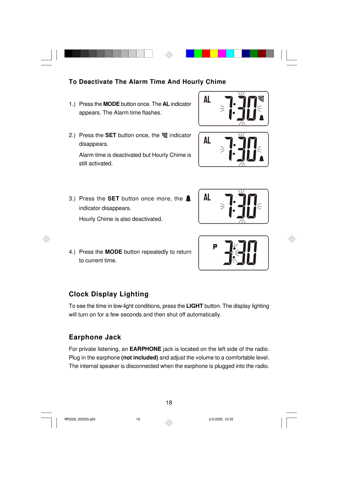 Emerson RP3228SL owner manual Clock Display Lighting, Earphone Jack, To Deactivate The Alarm Time And Hourly Chime 