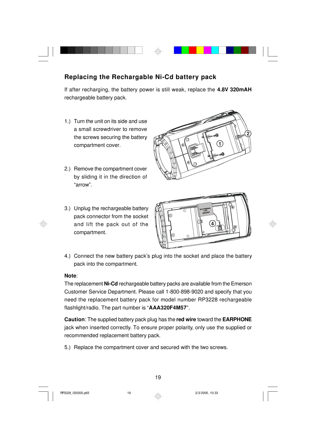 Emerson RP3228SL owner manual Replacing the Rechargable Ni-Cd battery pack 