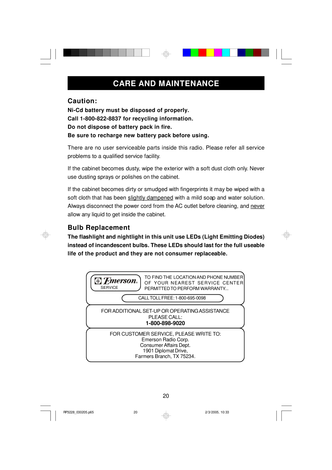 Emerson RP3228SL owner manual Care and Maintenance, Bulb Replacement 