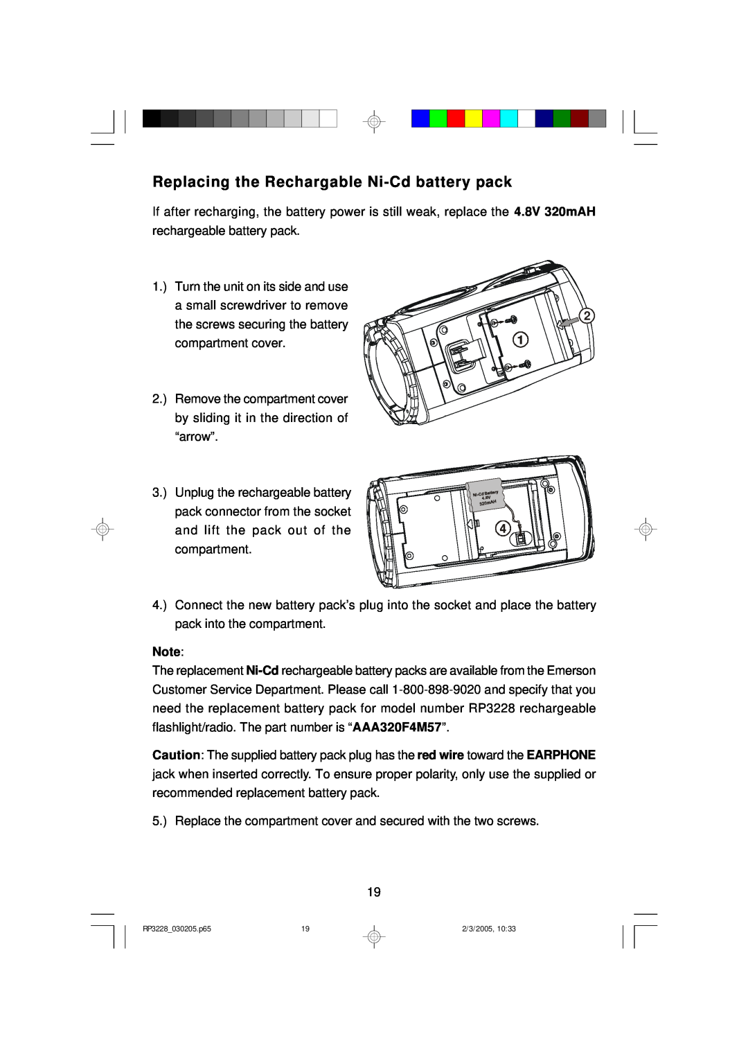 Emerson RP3228SL owner manual Replacing the Rechargable Ni-Cdbattery pack 