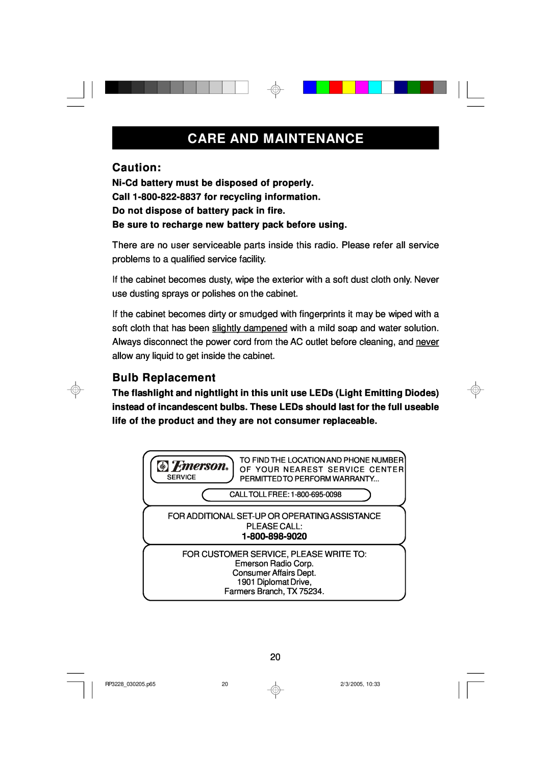 Emerson RP3228SL owner manual Care And Maintenance, Bulb Replacement 