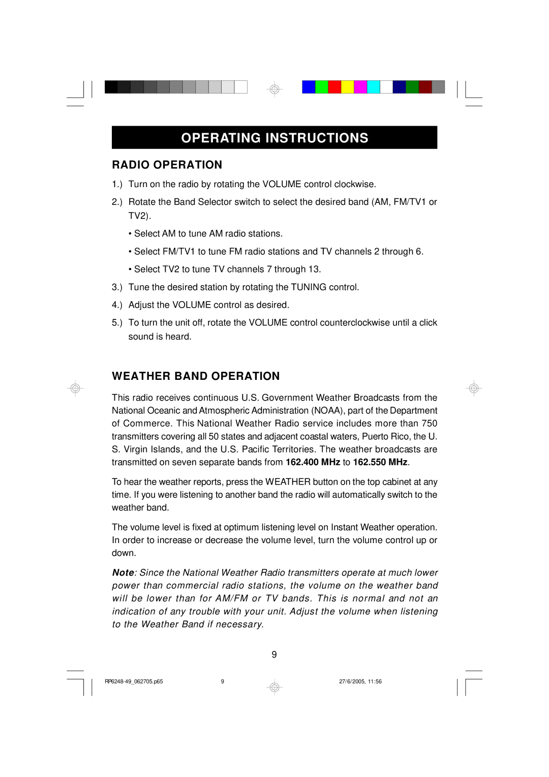 Emerson RP6249, RP6248 owner manual Operating Instructions, Radio Operation, Weather Band Operation 