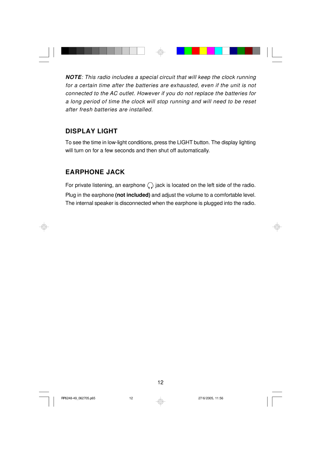 Emerson RP6248, RP6249 owner manual Display Light, Earphone Jack 