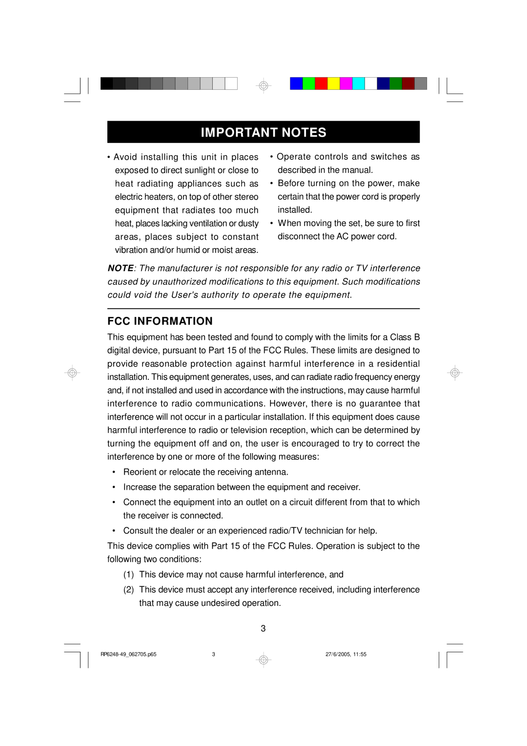 Emerson RP6249, RP6248 owner manual Important Notes, FCC Information 