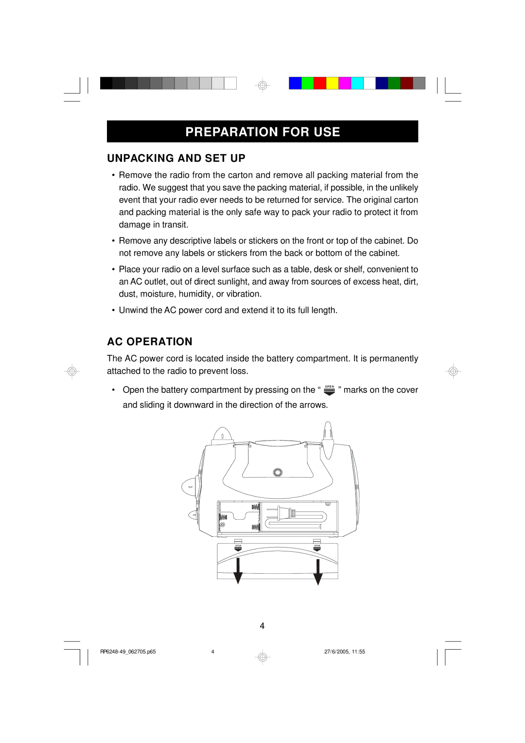 Emerson RP6248, RP6249 owner manual Preparation for USE, Unpacking and SET UP, AC Operation 