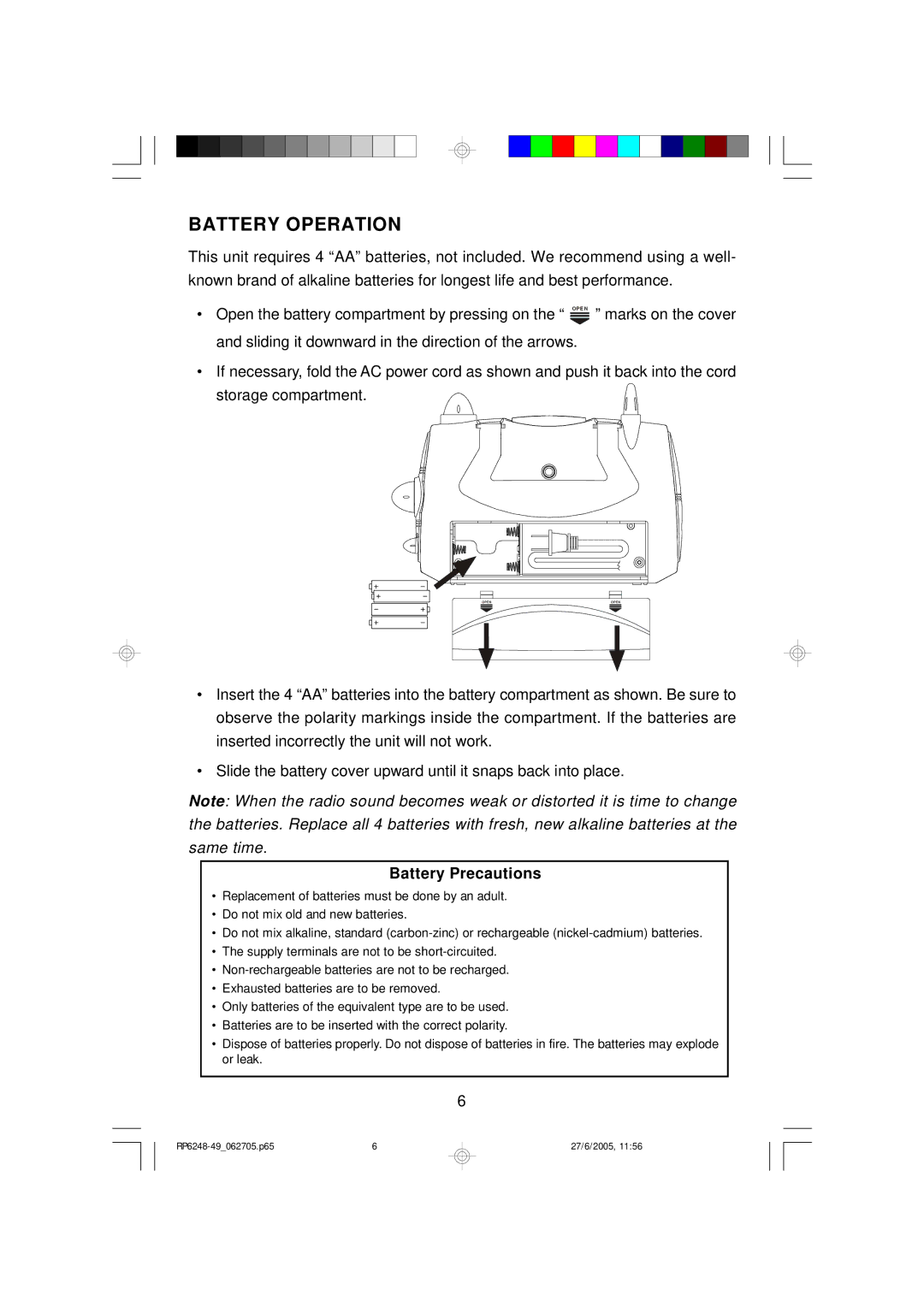 Emerson RP6248, RP6249 owner manual Battery Operation, Battery Precautions 