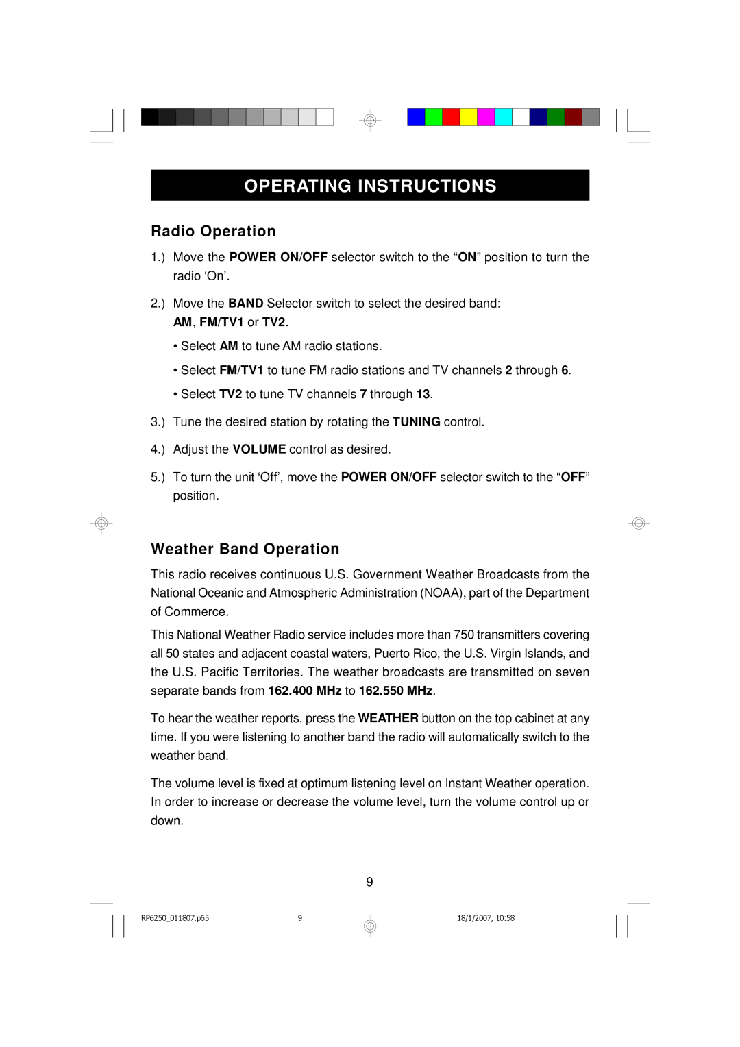 Emerson RP6250 owner manual Operating Instructions, Radio Operation, Weather Band Operation 