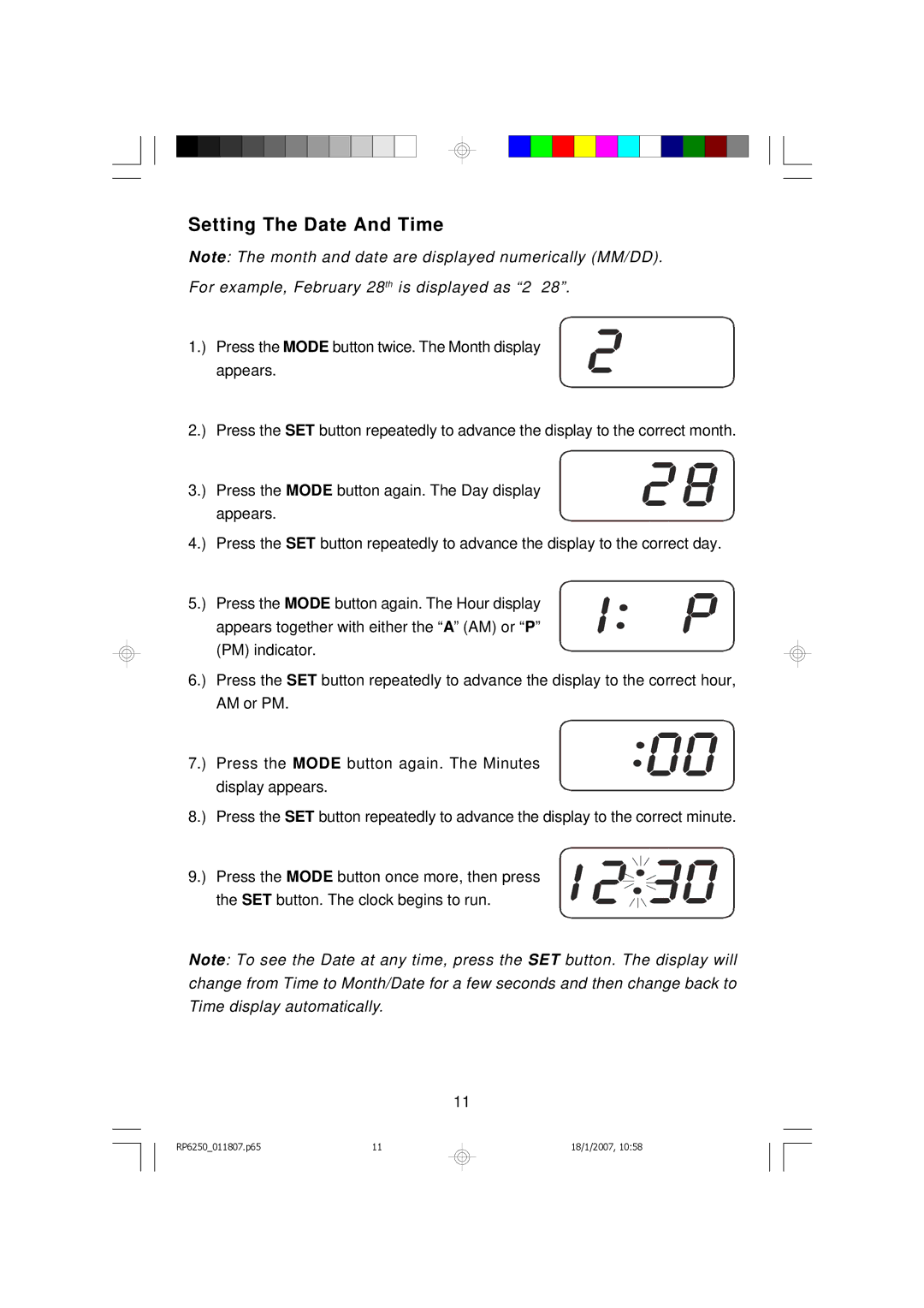 Emerson RP6250 owner manual Setting The Date And Time, For example, February 28th is displayed as 2 