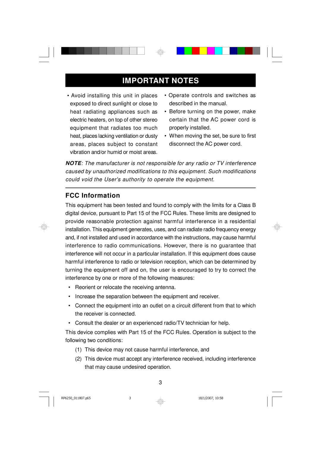 Emerson RP6250 owner manual Important Notes, FCC Information 