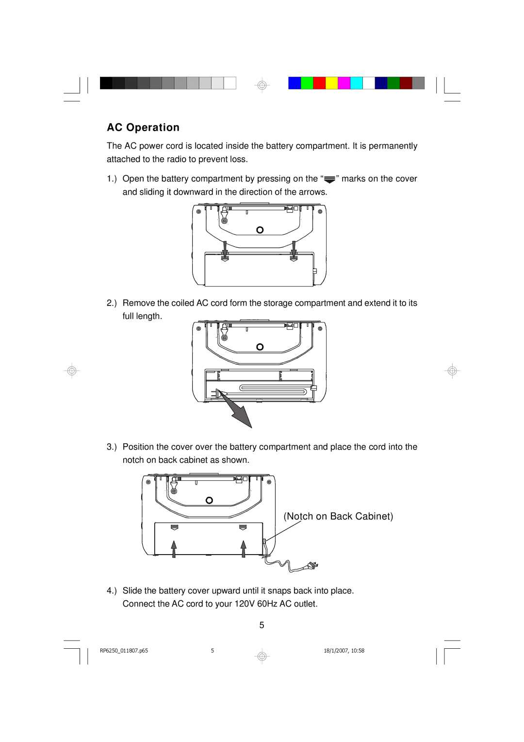 Emerson RP6250 owner manual AC Operation, Notch on Back Cabinet 