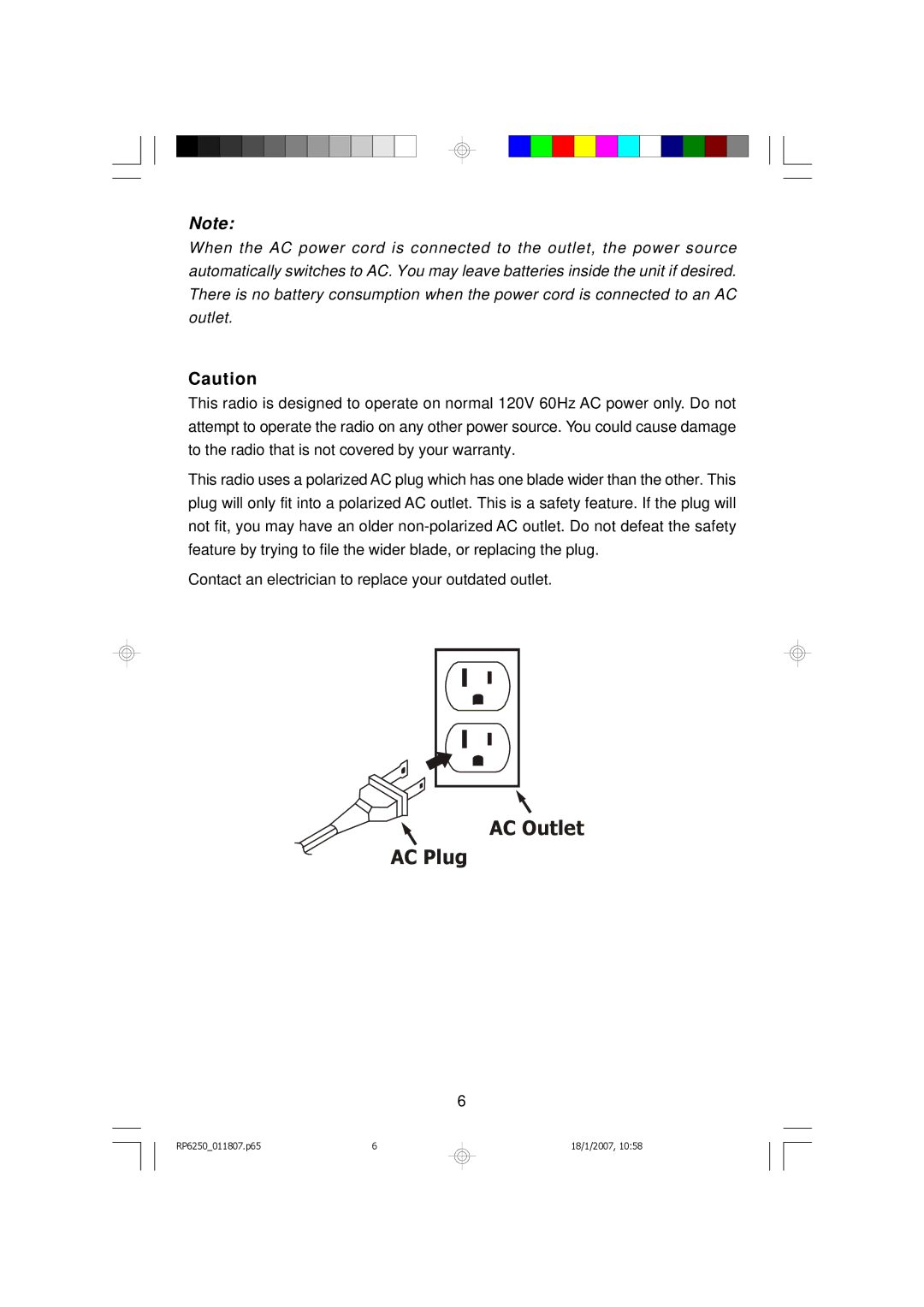 Emerson RP6250 owner manual AC Outlet AC Plug 