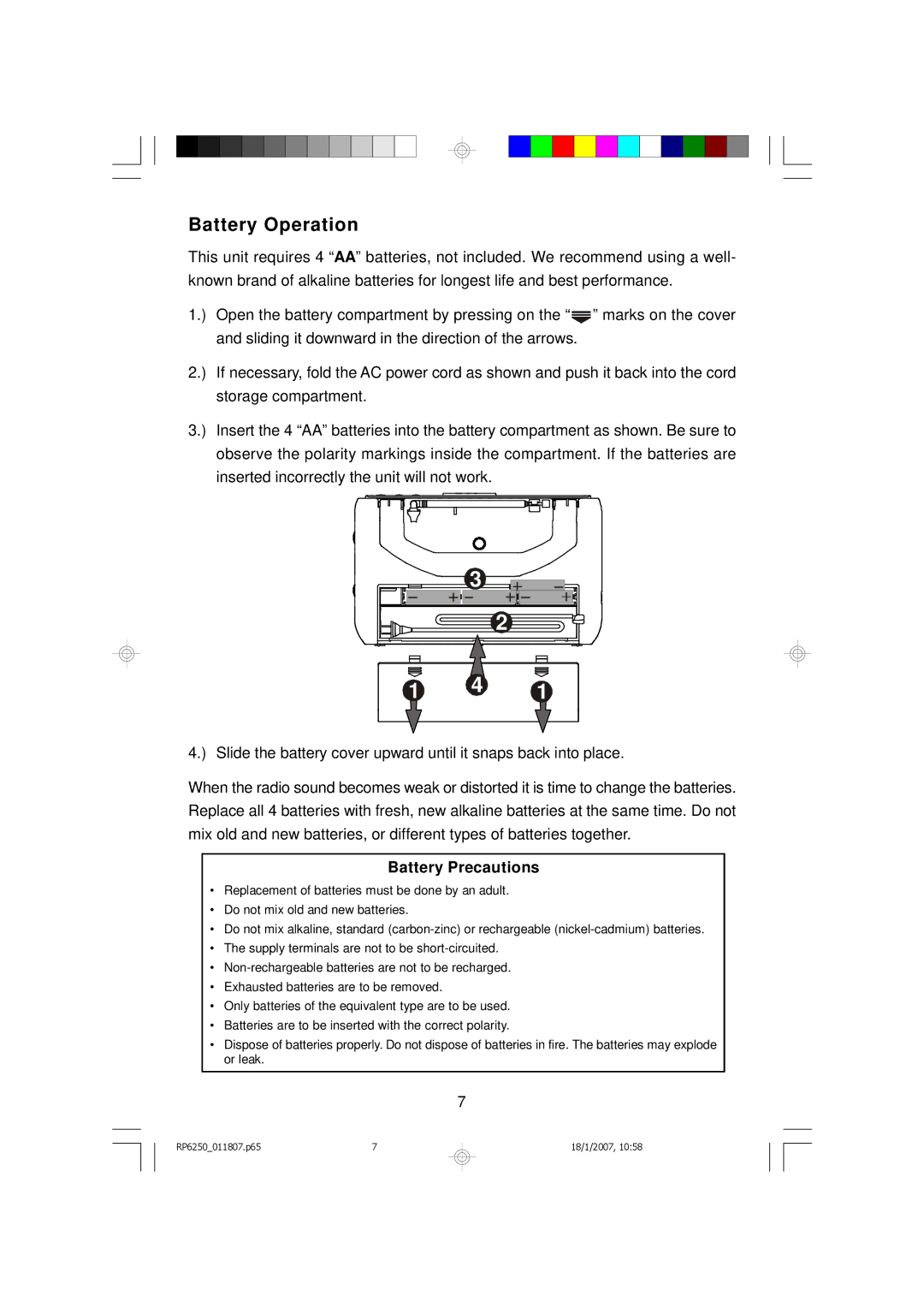 Emerson RP6250 owner manual Battery Operation, Battery Precautions 