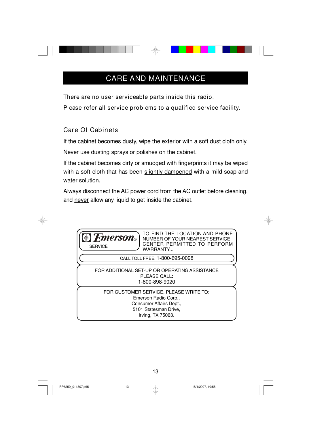 Emerson RP6251 manual Care and Maintenance, Care Of Cabinets 