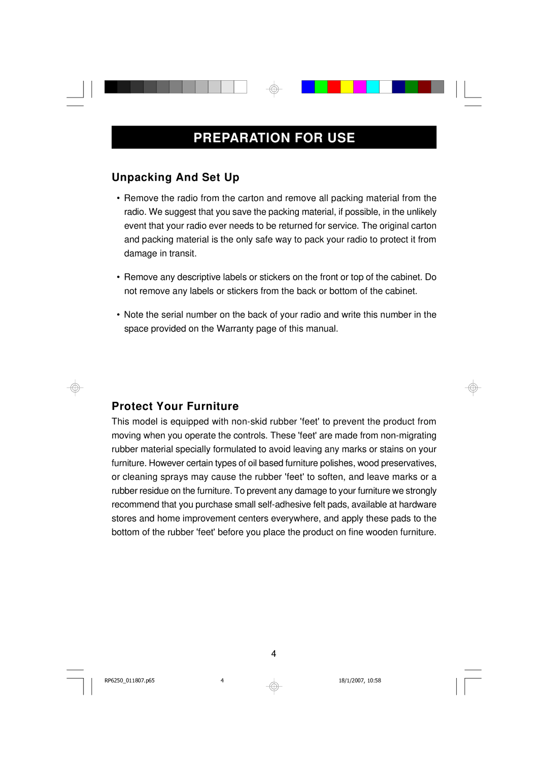 Emerson RP6251 manual Unpacking And Set Up, Protect Your Furniture 