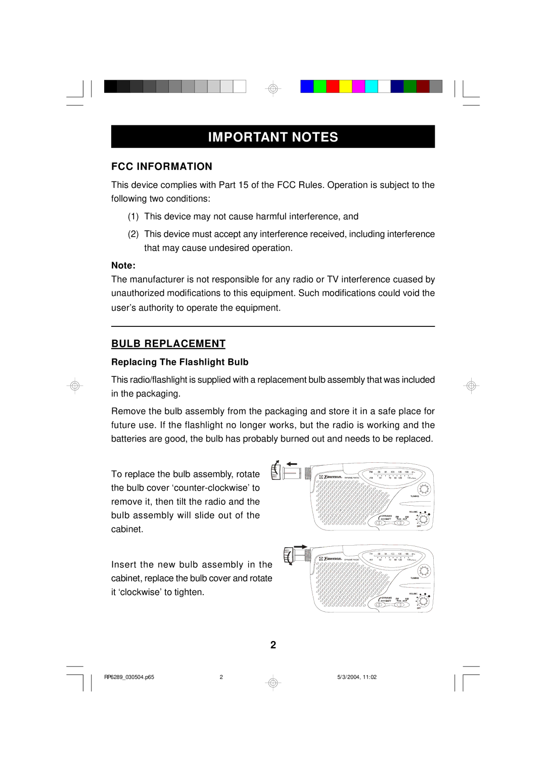 Emerson RP6289 owner manual Important Notes, Replacing The Flashlight Bulb 