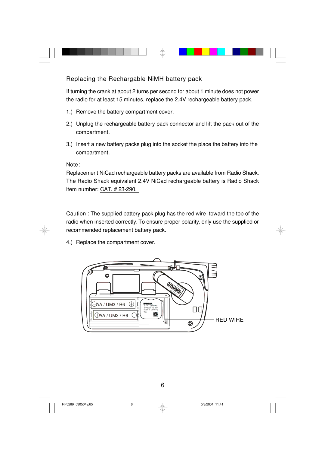 Emerson RP6289 owner manual Replacing the Rechargable NiMH battery pack 