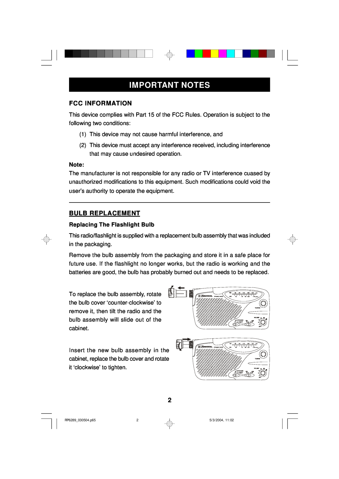 Emerson RP6289 owner manual Important Notes, Fcc Information, Bulb Replacement, Replacing The Flashlight Bulb 