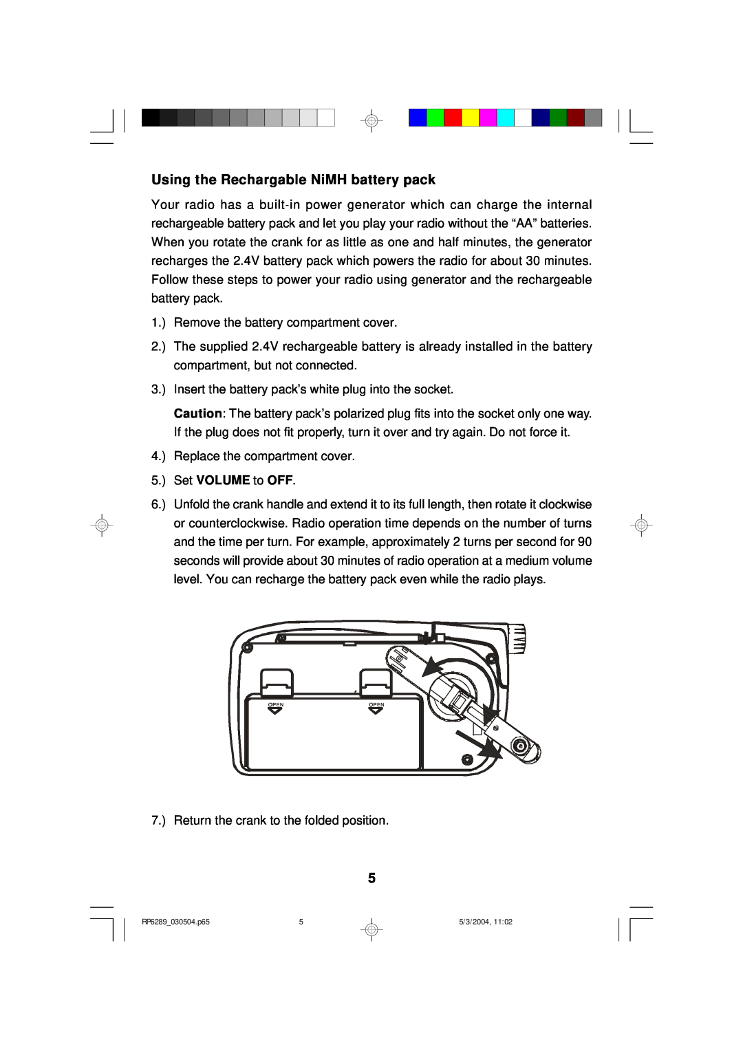 Emerson RP6289 owner manual Using the Rechargable NiMH battery pack 