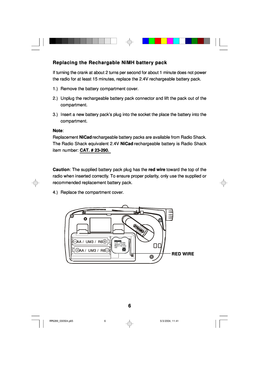 Emerson RP6289 owner manual Replacing the Rechargable NiMH battery pack, Red Wire 