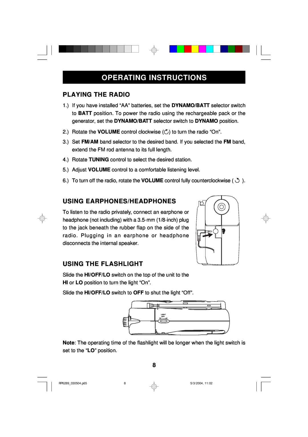 Emerson RP6289 owner manual Operating Instructions, Playing The Radio, Using Earphones/Headphones, Using The Flashlight 