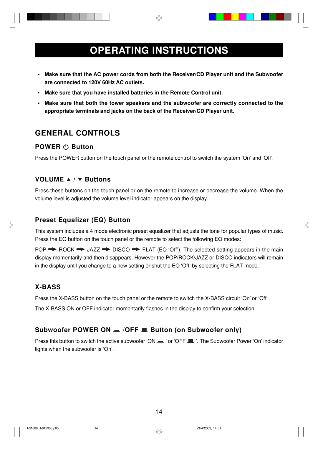 Emerson RS1008 owner manual Operating Instructions, General Controls, Bass 