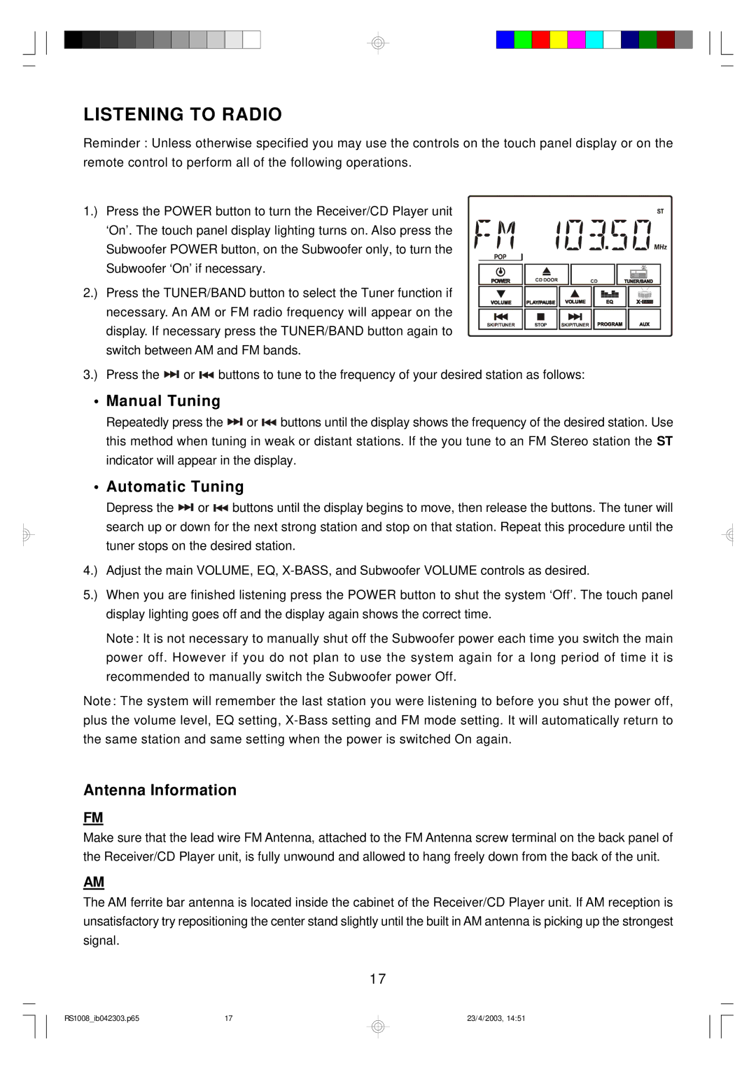 Emerson RS1008 owner manual Listening to Radio, Manual Tuning, Automatic Tuning, Antenna Information 